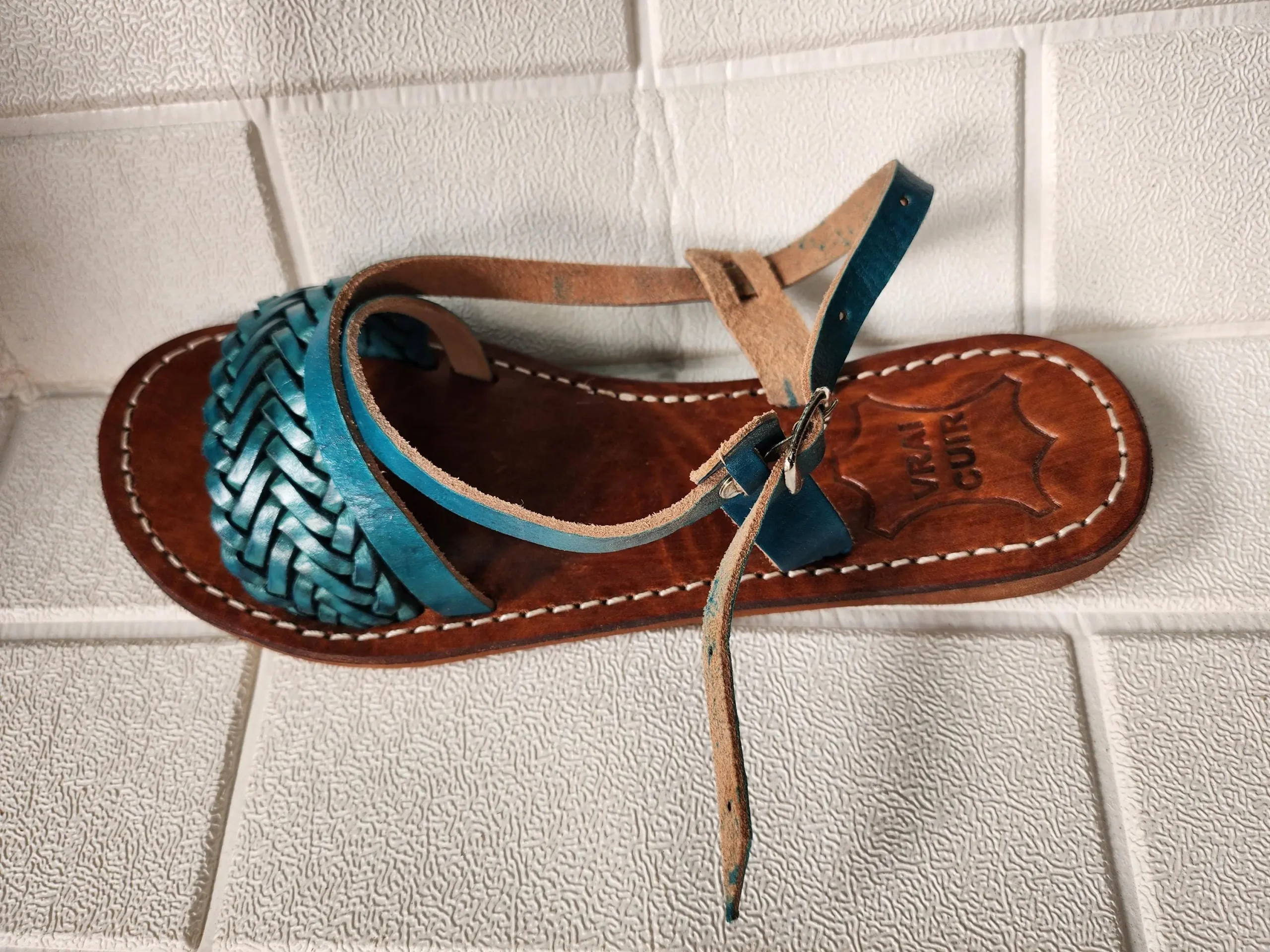 Women’s Turquoise Braided Moroccan Leather Slides