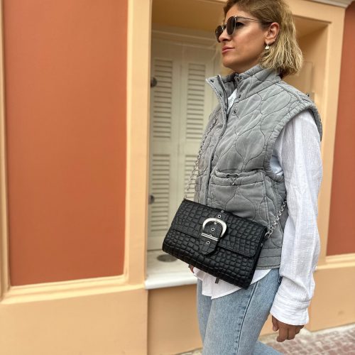 Black Leather Shoulder Bag Women Purse Silver Chain